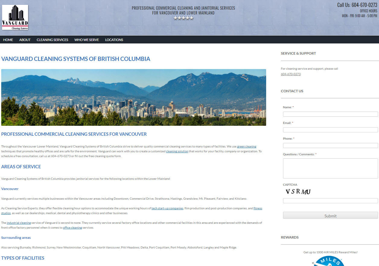 Screenshot of Vanguard Cleaning Systems of British Columbia Website homepage