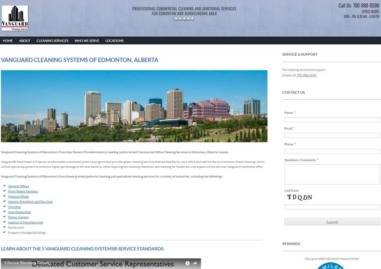 screenshot of Vanguard Cleaning Systems of Edmonton Website homepage