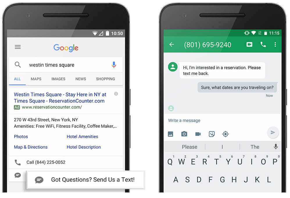a screenshot of 2 smartphones with message extension and google ad